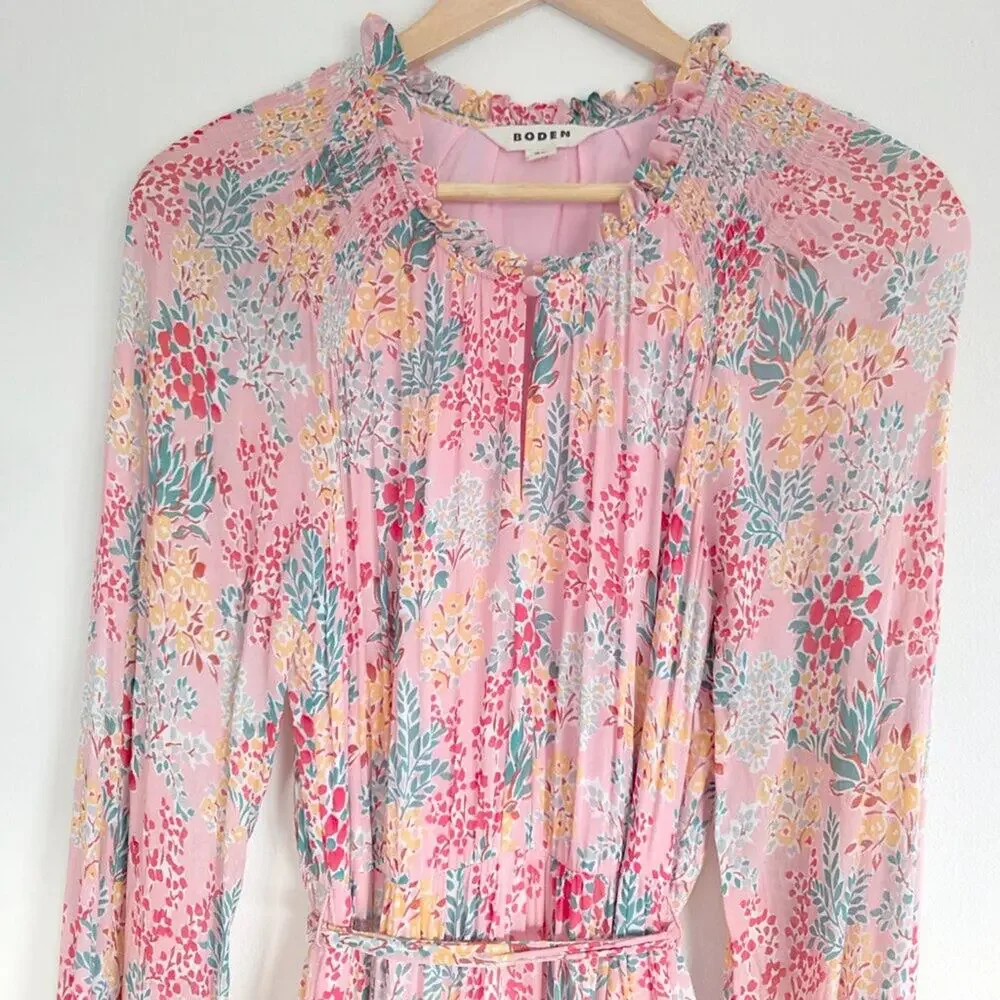 Boden Pink Floral Tiered Midi Dress Long Sleeve Viscose Belted Maxi Size 6R 6